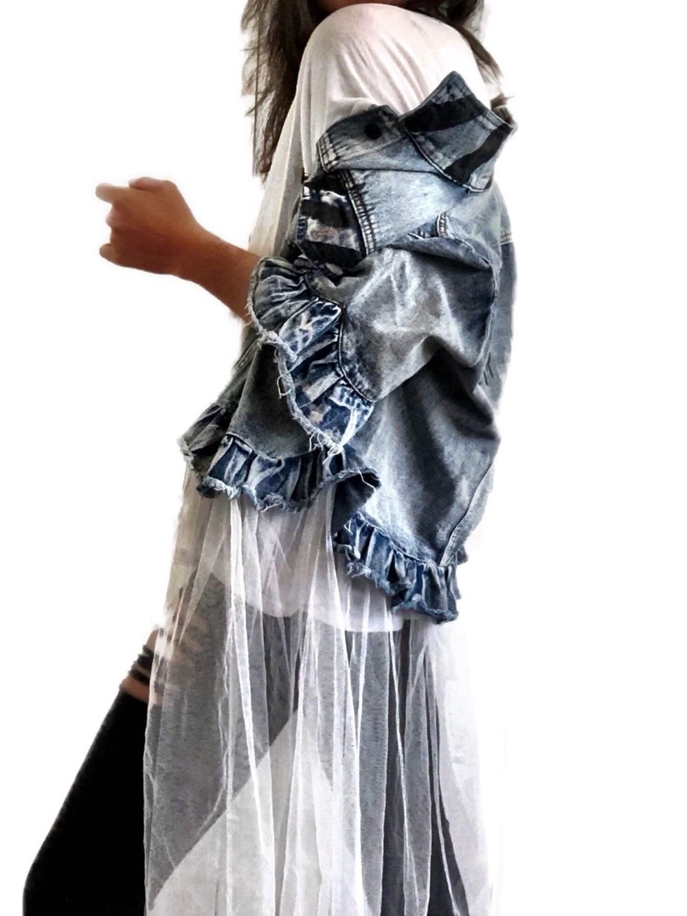 NWOT Wren + Glory Light Blue Denim Jean Jacket with Sheer Tulle Hem